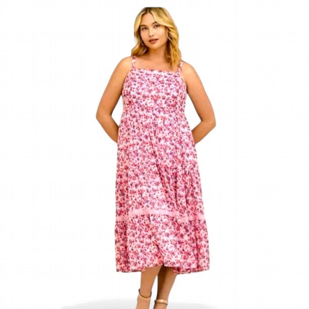 TORRID Plus Size Maxi Chiffon Lurex Baby Rose's Tiered Pink Dress